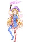  :d absurdres akiteru98 american_flag_dress american_flag_legwear arm_up blonde_hair blush breasts clownpiece commentary_request dress eyebrows_visible_through_hair fairy_wings full_body hair_between_eyes hand_on_hip hat highres holding holding_torch jester_cap long_hair looking_at_viewer neck_ruff no_shoes open_mouth polka_dot_hat purple_hat red_eyes short_dress short_sleeves simple_background small_breasts smile solo standing standing_on_one_leg star star_print striped striped_dress striped_legwear torch touhou very_long_hair white_background wings 