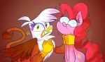  avian balloon beak blue_eyes cutie_mark duo earth_pony equine feathered_wings feathers female friendship_is_magic gilda_(mlp) gryphon hair horse mammal my_little_pony neck_grab pink_hair pinkie_pie_(mlp) pony simple_background vdru7 wings yellow_eyes 