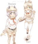 :d alpaca_ears alpaca_huacaya_(kemono_friends) alpaca_suri_(kemono_friends) alpaca_tail animal_ears arm_at_side bell belt blonde_hair blue_eyes bow breast_pocket buttons character_name commentary ears_through_headwear extra_ears eyebrows_visible_through_hair fur-trimmed_legwear fur-trimmed_sleeves fur_collar fur_hat fur_scarf fur_trim hair_over_one_eye hand_up hat highres horizontal_pupils kemono_friends long_sleeves looking_at_viewer medium_hair multiple_girls neck_ribbon open_mouth platinum_blonde_hair pocket red_neckwear ribbon scarf shirt shoes short_hair shorts silver_eyes silver_hair smile standing sweater_vest tail thighhighs thin_(suzuneya) v-shaped_eyebrows walking white_shirt 