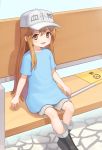  absurdres bench black_footwear blue_shirt boots brown_eyes brown_hair brown_shorts clothes_writing commentary eyebrows_visible_through_hair hat hataraku_saibou highres long_hair looking_at_viewer nieun3568 platelet_(hataraku_saibou) rubber_boots shirt short_sleeves shorts sitting smile solo 