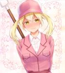  arms_behind_back baseball_cap blonde_hair blush breasts collared_shirt dutch_angle eosinophil_(hataraku_saibou) fur-trimmed_hat fur_hat hat hataraku_saibou jacket lips looking_away medium_breasts pink_jacket polearm sasumata shirt short_hair solo spear tata_kitu twintails upper_body ushanka wavy_mouth weapon yellow_eyes 