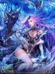  artist_name bare_shoulders blue_eyes breasts cleavage copyright_name dragon fur_trim gloves ice jewelry legend_of_the_cryptids long_hair necklace official_art pink_hair sitting solo thighhighs zinnadu 