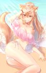  animal_ear_fluff animal_ears ass beach bikini bracelet breasts brown_hair day fate/extra fate/extra_ccc fate/extra_ccc_fox_tail fate_(series) fingernails fox_ears fox_tail highres jewelry kitsune natsu_(shamikana) necklace pink_bikini_top pink_swimsuit scrunchie suzuka_gozen_(fate) swimsuit tail underwear 