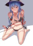  absurdres arm_support bikini blue_hair blush breasts cleavage food from_above front-tie_top fruit hat highres hinanawi_tenshi large_breasts long_hair neropaso older peach red_eyes shadow sitting sweat swimsuit swimsuit_under_clothes thighs touhou 