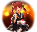  :o blue_eyes blush commentary_request fate/grand_order fate_(series) frankenstein's_monster_(fate) hair_over_one_eye headgear horn japanese_clothes kimono looking_at_viewer pink_hair shaved_ice short_hair solo spoon suyamunya 