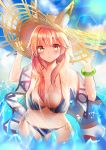  absurdres adjusting_clothes adjusting_hat animal_ear_fluff animal_ears artist_request bad_id bad_pixiv_id bikini blue_bikini blush breasts cleavage collarbone covered_navel day ears_through_headwear fate/grand_order fate_(series) fox_ears hat highres large_breasts looking_at_viewer meliyannn ocean outdoors pink_hair shirt side-tie_bikini solo straw_hat swimsuit tamamo_(fate)_(all) tamamo_no_mae_(swimsuit_lancer)_(fate) wet wet_clothes wet_shirt wet_t-shirt yellow_eyes 