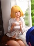 bangs blonde_hair breasts brown_eyes brown_skirt collared_shirt commentary cup holding holding_cup legs medium_breasts midorikawa_hana open_window parted_lips prison_school school_uniform shirt short_hair shurakrgt sitting skirt solo tea teacup tree unbuttoned unbuttoned_shirt white_shirt window yellow_eyes 