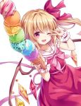  commentary_request flandre_scarlet food headwear_removed holding holding_food ice_cream ice_cream_cone kure~pu looking_at_viewer no_hat no_headwear one_eye_closed rainbow_order simple_background smile too_many too_many_scoops touhou v wings 