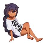  &gt;:) bad_feet bare_legs barefoot black_hair braid clothes_writing commentary_request crossed_legs dark_skin error fang fang_out full_body hair_between_eyes highres jahy jahy_sama_wa_kujikenai jewelry konbu_wakame long_hair looking_at_viewer naked_shirt necklace off_shoulder official_art red_eyes shirt sidelocks solo t-shirt v-shaped_eyebrows very_long_hair white_background 