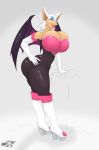  angrypotato96 anthro bat big_breasts breasts clothing female footwear high_heels huge_breasts looking_at_viewer makeup mammal platform_footwear platform_heels rouge_the_bat shoes smile solo sonic_(series) standing thick_thighs tight_clothing voluptuous 
