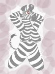  anthro breasts clitoris crocodilianbooty equine female frown fur half-closed_eyes hands_behind_head kneeling mammal nipples pussy red_eyes scar simple_background solo stripes zebra 