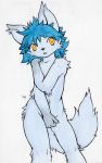  2018 anthro big_eyes biped black_nose blue_fur blue_hair canine cheek_tuft covering covering_crotch covering_self cub dipstick_ears eyes_visible_through_hair fluffy fluffy_tail fox fur gloves_(marking) hair log_(artist) looking_at_viewer male mammal marker_(artwork) markings multicolored_fur navel nude open_mouth signature simple_background solo standing traditional_media_(artwork) tuft two_tone_fur white_background yellow_eyes young 