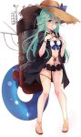  armlet bangs bikini black_ribbon blue_ribbon breasts cleavage full_body green_eyes green_hair hair_between_eyes hair_flaps hair_ornament hair_ribbon hairclip hat innertube kantai_collection kujou_ichiso long_hair machinery navel official_art open_clothes open_robe parted_bangs ponytail ribbon robe sidelocks straw_hat swimsuit transparent_background yamakaze_(kantai_collection) 