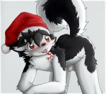  2017 anthro balls bent_over biped black_fur black_hair blush border brown_eyes brown_nose butt candy candy_cane canine cheek_tuft christmas dog eyebrows_visible_through_hair eyes_visible_through_hair flaccid food foreskin freckles fur hair happy hat hat_only holidays humanoid_penis log_(artist) log_(dog) looking_at_viewer malamute male mammal mostly_nude multicolored_fur open_mouth open_smile penis raised_tail santa_hat signature simple_background smile solo tuft two_tone_fur uncut white_background white_border white_fur young 