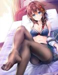  ahoge bag black_legwear blue_bra blue_eyes blush bra braid breasts brown_hair cleavage closed_mouth collarbone crossed_legs crotch_seam curtains feet hair_flaps hair_ornament indoors kantai_collection kotatsu_(kotatsu358) large_breasts long_hair looking_at_viewer lying navel no_shoes off_shoulder on_back on_bed pantyhose pillow remodel_(kantai_collection) shigure_(kantai_collection) smile solo toes underwear window 