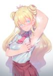  :q arm_up armpits asobi_asobase blonde_hair blue_eyes blush breasts closed_mouth collared_shirt colored_eyelashes double_bun eyebrows_visible_through_hair fiodo hair_between_eyes head_tilt highres long_hair looking_at_viewer medium_breasts olivia_(asobi_asobase) pleated_skirt red_skirt school_uniform shirt short_sleeves skirt smile solo sparkle tongue tongue_out very_long_hair white_background white_shirt wing_collar 