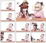  2girls ahoge black_bow blonde_hair blush bow cake comic commentary_request eating fate/grand_order fate_(series) food hair_bow hakama hat japanese_clothes kimono koha-ace long_hair long_sleeves meiji_schoolgirl_uniform military_hat multiple_girls oda_nobukatsu_(fate/grand_order) oda_nobunaga_(fate) oda_nobunaga_(swimsuit_berserker)_(fate) oda_uri okita_souji_(fate) okita_souji_(fate)_(all) omi_(tyx77pb_r2) open_mouth pink_hakama pink_kimono ponytail red_eyes short_hair silent_comic upper_body wide_sleeves yellow_eyes 