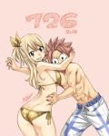  1girl 2018 ass bare_shoulders bikini blonde_hair bow breasts brown_eyes dated eyebrows_visible_through_hair fairy_tail from_side grin hair_between_eyes hair_bow hug large_breasts long_hair looking_at_viewer looking_back lucy_heartfilia mashima_hiro natsu_dragneel pink_background pink_hair side-tie_bikini sideboob signature smile spiked_hair standing sweatdrop swimsuit underboob yellow_bikini yellow_bow 