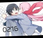  1boy 1girl black_hair commentary_request darling_in_the_franxx face-to-face grey_scarf hiro_(darling_in_the_franxx) horns hug long_hair looking_at_another necktie pink_hair red_scarf scarf school_uniform short_hair striped_neckwear toma_(norishio) zero_two_(darling_in_the_franxx) 