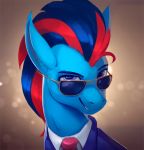  2018 andrew_swiftwing animated blue_hair bust_portrait camera camera_flash clothed clothing equine eyebrows eyewear fan_character feral grin hair looking_at_viewer low_res male mammal multicolored_hair my_little_pony necktie portrait purple_eyes red_hair rodrigues404 simple_background smile solo suit sunglasses tan_background teeth two_tone_hair 
