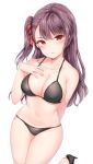  absurdres arm_behind_back bangs bare_shoulders bikini black_bikini black_footwear blush breasts cleavage closed_mouth collarbone commentary_request eyebrows_visible_through_hair girls_frontline hair_ribbon half_updo hand_on_own_breast high_heels highres large_breasts leg_up long_hair looking_at_viewer navel one_side_up painteen purple_hair red_eyes red_ribbon ribbon sidelocks simple_background solo stomach swimsuit very_long_hair wa2000_(girls_frontline) white_background 