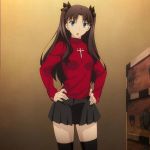  1girl :o aqua_eyes bangs black_hair black_legwear black_ribbon black_skirt fate/stay_night fate_(series) female hair_ribbon hands_on_hips indoors looking_at_viewer open_mouth parted_bangs pleated_skirt red_sweater ribbon skirt solo standing sweater thighhighs tohsaka_rin two_side_up type-moon 