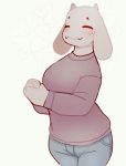  anthro big_ears blush boss_monster breasts caprine clothed clothing eyes_closed fangs female floppy_ears front_view fully_clothed fur horn long_ears mammal noseless pants paperclip_(artist) pink_clothing portrait shirt smile standing three-quarter_portrait toriel undertale video_games white_fur 