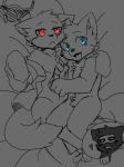  2018 anthro biped black_fur blue_eyes canine changed_(video_game) dr.k_(changed) duo fluffy fur goo_creature lin_(changed) male mammal mask monster nude puro_(changed) rubber saku1saya simple_background solo white_fur wolf 