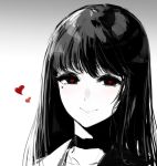  blush choker commentary gradient gradient_background grey_background greyscale heart heart-shaped_pupils hometa long_hair looking_at_viewer mole mole_under_eye monochrome original portrait smile solo spot_color symbol-shaped_pupils symbol_commentary 