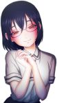  asobi_asobase black_hair black_skirt blush breasts brown_eyes closed_mouth collared_shirt glasses head_tilt highres large_breasts looking_at_viewer necktie nomura_kasumi own_hands_together pleated_skirt semi-rimless_eyewear shirt short_sleeves skirt smile solo tsiox under-rim_eyewear white_background white_shirt wing_collar 