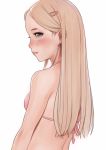  absurdres bikini blonde_hair blue_eyes blush closed_mouth commentary english_commentary from_behind hair_ornament hairclip highres jeff_macanoli long_hair looking_at_viewer looking_back original pink_bikini simple_background solo swimsuit upper_body white_background 