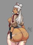  1girl ass bangs breasts brown_eyes dark_skin facepaint franktonius from_behind grey_background hair_ornament hair_stick huge_ass long_hair nipples paya_(zelda) pointy_ears puffy_sleeves simple_background skindentation small_breasts solo the_legend_of_zelda the_legend_of_zelda:_breath_of_the_wild tied_hair torn_clothes wardrobe_malfunction white_hair 