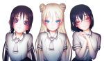  :3 arms_at_sides asobi_asobase black_hair black_skirt blonde_hair blue_eyes blush breasts brown_eyes closed_mouth collared_shirt double_bun eyebrows_visible_through_hair glasses head_tilt highres honda_hanako large_breasts long_hair looking_at_viewer low_twintails multiple_girls necktie nomura_kasumi olivia_(asobi_asobase) own_hands_together pleated_skirt purple_eyes school_uniform semi-rimless_eyewear shirt short_sleeves simple_background skirt smile tsiox twintails under-rim_eyewear white_background white_shirt wing_collar 