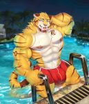  anthro big_bulge booboo34 bulge feline floofninja male mammal muscular saber-toothed_cat solo swimming_pool tattoo 