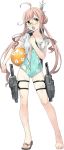  ahoge ball beachball blush damaged double_bun fujikawa full_body glasses gun kantai_collection long_hair looking_at_viewer machinery makigumo_(kantai_collection) official_art open_mouth pink_hair sandals single_sandal swimsuit torn_clothes torpedo torpedo_launcher torpedo_tubes transparent_background twintails weapon yellow_eyes 