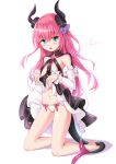  absurdres armpit_crease bad_id bad_pixiv_id bangs bare_legs barefoot black_skirt blue_eyes blush bow bow_panties curled_horns detached_sleeves dragon_horns dragon_tail elizabeth_bathory_(fate) elizabeth_bathory_(fate)_(all) eyebrows_visible_through_hair fang fate/extra fate/extra_ccc fate_(series) flat_chest full_body hair_between_eyes hair_ornament head_tilt highres horns kneeling long_hair looking_at_viewer navel open_mouth panties pink_bow pink_hair qianqiu_wanxia shiny shiny_hair shiny_skin sidelocks signature simple_background skirt skirt_lift solo stomach tail turtleneck two_side_up underwear white_background white_panties 
