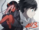  1boy 1girl black_hair blue_eyes commentary_request crying crying_with_eyes_open darling_in_the_franxx green_eyes hiro_(darling_in_the_franxx) horns long_hair pink_hair red_skin short_hair signature tears toma_(norishio) zero_two_(darling_in_the_franxx) 
