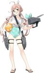  ahoge ball beachball double_bun fujikawa full_body glasses gun kantai_collection machinery makigumo_(kantai_collection) official_art pink_hair sandals swimsuit tongue tongue_out torpedo torpedo_launcher torpedo_tubes transparent_background turret twintails weapon yellow_eyes 