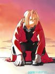  black_pants black_shirt blackfoxes blonde_hair boots braid cloud cloudy_sky coat edward_elric full_body fullmetal_alchemist gloves looking_away male_focus outdoors pants red_coat shirt sky solo squatting sunset watermark yellow_eyes 
