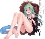  armlet bangs barefoot black_ribbon blue_ribbon full_body green_eyes green_hair hair_between_eyes hair_flaps hair_ornament hair_ribbon hairclip hat innertube kantai_collection kujou_ichiso long_hair lowres machinery official_art open_clothes open_robe parted_bangs ponytail ribbon robe sidelocks straw_hat swimsuit tears torn_clothes transparent_background yamakaze_(kantai_collection) 
