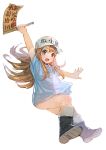  :d bangs baseball_cap black_footwear blue_shirt blush boots bottomless bow_(bhp) brown_eyes brown_hair flag floating_hair full_body hand_up hat hataraku_saibou holding long_hair looking_at_viewer naked_shirt open_mouth platelet_(hataraku_saibou) shirt short_sleeves simple_background smile solo white_background white_hat 