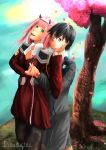  1boy 1girl bangs black_hair black_legwear blue_eyes cherry_blossoms couple darling_in_the_franxx dinoeater345 fang flower glasses green_eyes hair_ornament hairband hand_holding hetero hiro_(darling_in_the_franxx) holding holding_flower horns hug hug_from_behind long_hair long_sleeves military military_uniform necktie oni_horns orange_neckwear pantyhose petals pink_hair red_horns short_hair signature tree uniform white_hairband zero_two_(darling_in_the_franxx) 