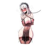  1girl arm_tattoo blush breasts chains choker condom fishnet_top heart heart_eyes large_breasts maid maid_cap mr.skull red_eyes sally_whitemane silver_hair slave stockings tattoo warcraft world_of_warcraft 