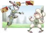  2017 anthro caprine chinese_clothing chinese_zodiac clothed clothing crossover dawn_bellwether disney duo eyewear female fight fist glasses green_eyes hooves judy_hopps jumping lagomorph loupgarou mammal melee_weapon midair nunchaku open_mouth purple_eyes rabbit sheep squint standing touzhai weapon yinyeong zodihavoc_(loupgarou) zootopia 