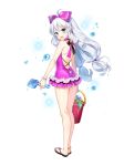  absurdres bangs blue_eyes bucket hair_ribbon highres long_hair looking_at_viewer one-piece_swimsuit ribbon smile soul_worker stella_unibell swimsuit twintails white_hair 