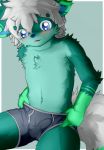 2018 anthro big_eyes biped blue_background blue_eyes blue_fur blue_nose blush border bulge canine cheek_tuft chest_tuft clothed clothing cub dipstick_tail ears_down erection erection_under_clothes eyebrows_visible_through_hair fox fur fur_markings gloves_(marking) green_fur hair log_(artist) male mammal markings multicolored_fur multicolored_tail navel open_mouth partially_clothed penis_outline simple_background sitting solo topless tuft underwear unknown_character white_border white_fur white_hair young 