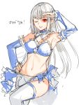  :d armpits bare_shoulders blue_bra bra commentary detached_collar detached_sleeves grey_hair hand_on_hip hand_up highres ingrid long_hair looking_at_viewer navel one_eye_closed open_mouth red_eyes simple_background sketch smile solo standing standing_on_one_leg street_fighter tetsu_(kimuchi) thighhighs translated underwear white_background white_legwear 