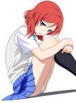  blue_bow blue_skirt bonfurai bow bowtie grey_vest hair_between_eyes highres leg_hug looking_at_viewer love_live! love_live!_school_idol_project miniskirt nishikino_maki open_mouth panties pantyshot pantyshot_(sitting) pleated_skirt purple_eyes red_hair school_uniform shadow shirt simple_background sitting skirt solo underwear vest white_background white_panties white_shirt 