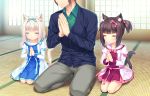  2girls animal_ears black_hair blush bow brown_hair cat_ears cat_tail chocola_(sayori) closed_eyes dress eyebrows_visible_through_hair game_cg hair_bow hands_together highres indoors kneeling long_hair minazuki_kashou multiple_girls nekopara non-web_source praying sayori short_hair tail tatami twintails vanilla_(sayori) white_hair 