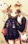  abigail_williams_(fate/grand_order) bambi_nano bangs black_bow black_jacket blonde_hair blue_eyes blurry blurry_background blush bow commentary_request dated depth_of_field eyebrows_visible_through_hair fate/grand_order fate_(series) hair_bow hair_bun hand_up head_tilt heroic_spirit_traveling_outfit highres jacket long_hair long_sleeves looking_at_viewer medjed nitocris_(fate/grand_order) nitocris_(swimsuit_assassin)_(fate) object_hug orange_bow parted_bangs parted_lips polka_dot polka_dot_bow signature sleeves_past_fingers sleeves_past_wrists solo stuffed_animal stuffed_toy teddy_bear 